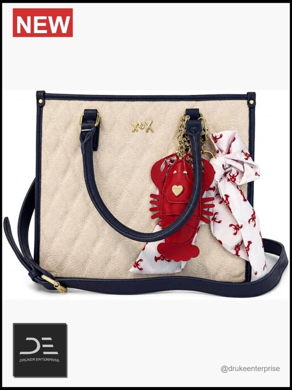 Quilted Canvas Crossbody Tote with Detachable Charm and Handles